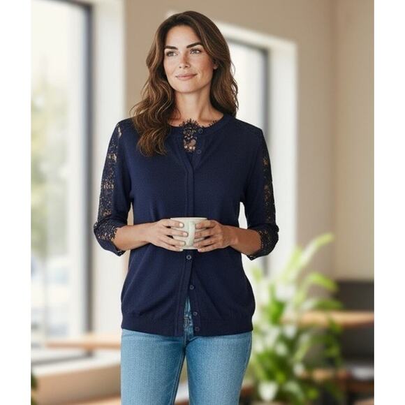 Les Copains Sweaters - Les Copains Navy Blue Wool Cashmere Knit Cardigan Set Lace Sweater Old Money Top